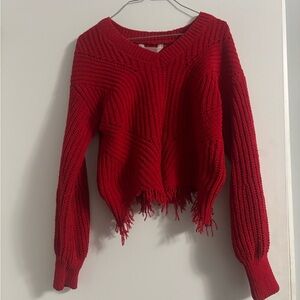 No Boundaries Red V-Neck Sweater with Frayed Hem